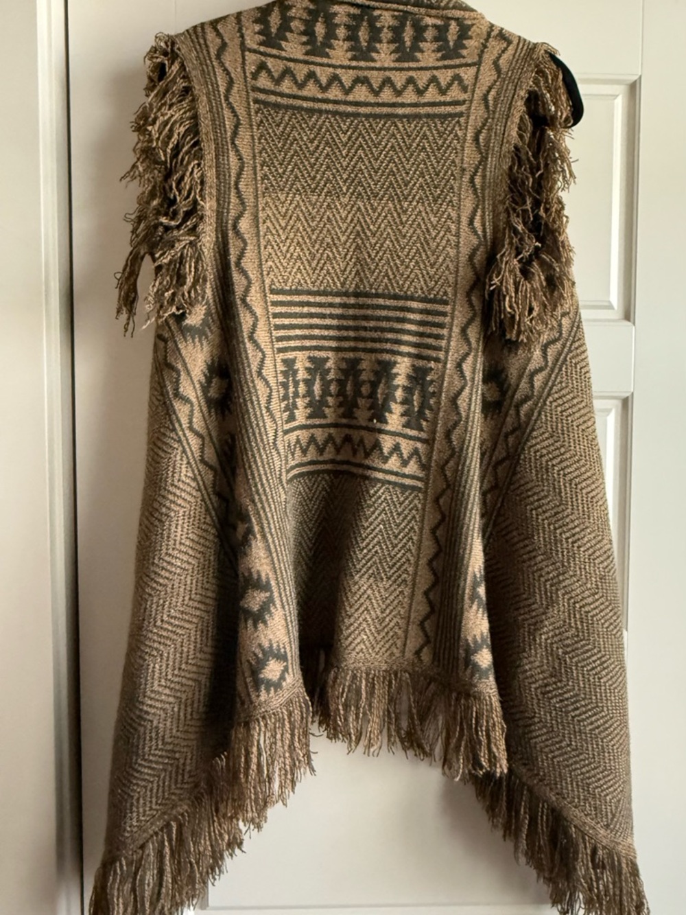 Fringed Aztec Knit Poncho in Taupe and Olive